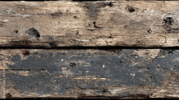 Fototapeta Surface of weathered wooden floorboards shows dirt, grime, and signs of aging, adding character and history to the rustic environment
