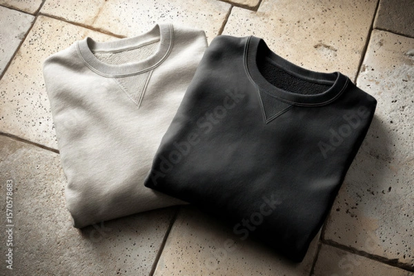 Fototapeta Two folded blank sweatshirts in gray and cream are displayed on a textured surface for design inspiration. The flatlay showcases clean lines