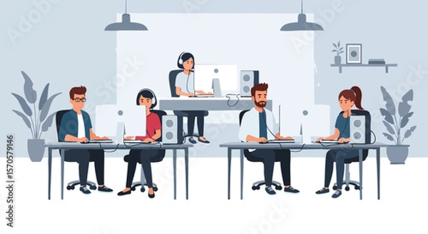 Fototapeta Customer Support Agents Working With Headsets And Computers In Modern Open Plan Office