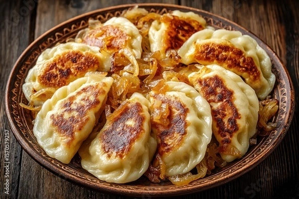 Fototapeta Close look at a plate of golden-brown dumplings topped with sautéed onions, showcasing a homemade culinary delight on a rustic surface
