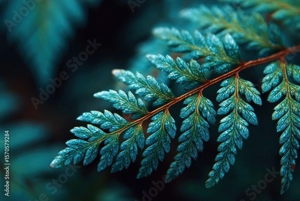 Fototapeta A vintage fern with delicate green fronds thrives in a peaceful forest, illuminated by soft, filtered sunlight