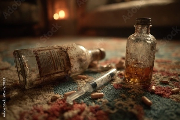 Fototapeta An empty booze bottle and a syringe lie on their sides on a stained carpet in a dimly lit room, alongside scattered pills
