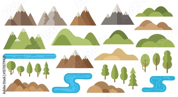Fototapeta Flat Design Vector Landscape Builder Kit with Diverse Mountains, Hills, Rivers, and Trees