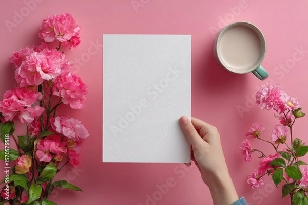 Fototapeta A hand grips empty watercolor paper, surrounded by soft pink flowers and a steaming cup of coffee on a bright surface, inviting creativity