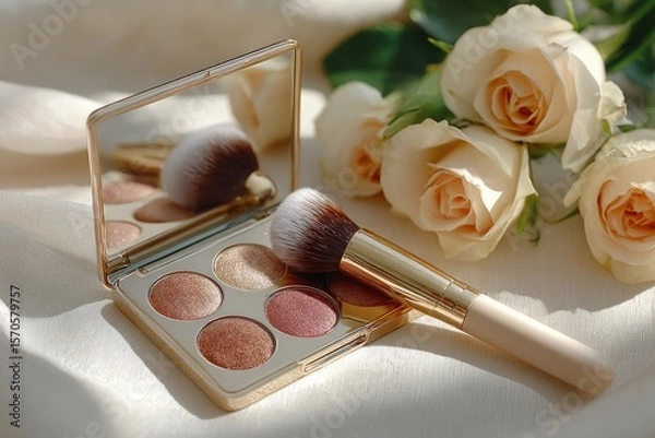 Fototapeta A beautifully arranged brown rose coral eyeshadow palette with a mirror sits next to a soft brush and fresh white roses, creating a serene atmosphere