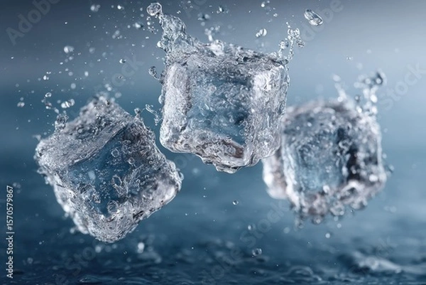 Fototapeta Three transparent ice cubes float mid-air, creating splashes and ripples as they interact with water, evoking a refreshing sensation
