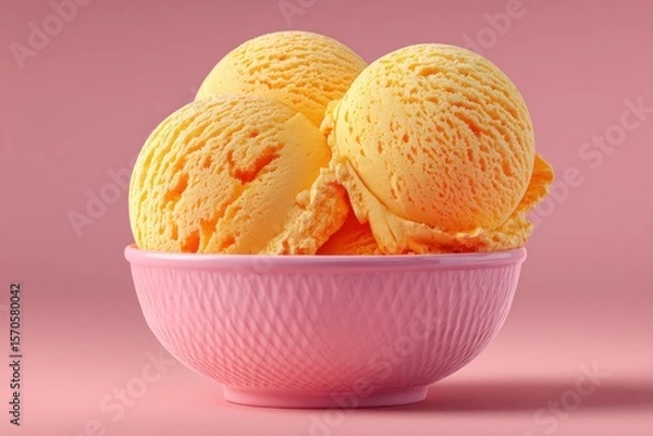 Fototapeta Three rounds of creamy orange ice cream sit in a pink bowl against a soft pastel background, creating a delightful dessert display