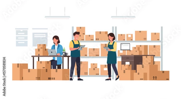 Fototapeta Efficient Warehouse Management Team Processing E-commerce Deliveries with Digital Tools and Boxes