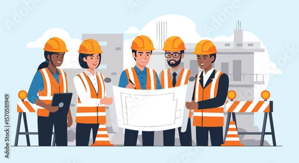 Fototapeta Diverse Team of Engineers and Architects Collaborating on Construction Project Blueprint at Site
