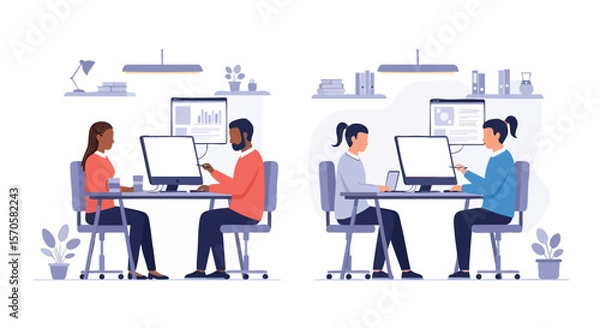Fototapeta Diverse Professionals Collaborating and Working Productively on Computers in a Modern Office Environment