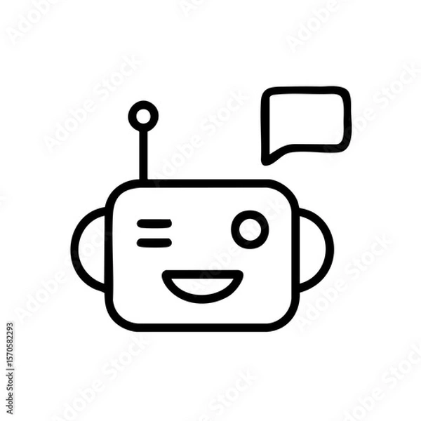 Fototapeta Minimalist black and white line illustration of a robot head with a small antenna and a speech bubble, symbolizing artificial intelligence communication and chatbot interaction.
