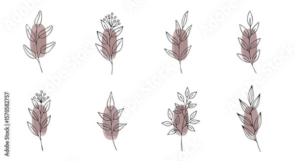 Fototapeta Bohemian Minimalist Line Art Botanical Plants with Muted Blush Abstract Shapes for Modern Designs