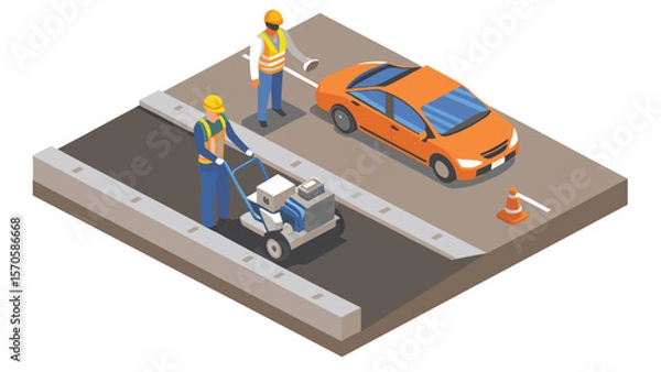 Fototapeta Isometric view of road workers paving a street with an orange car and safety cone nearby for traffic