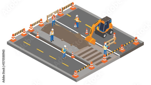 Fototapeta Isometric view of road construction site with workers excavator and safety cones in a street scene