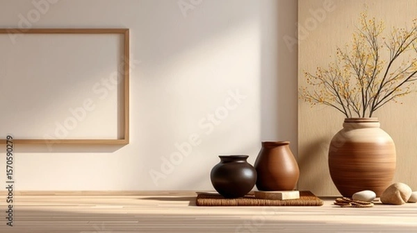 Fototapeta Minimalist wooden table with three ceramic vases and stones, set against beige textured walls and an empty framed canvas.