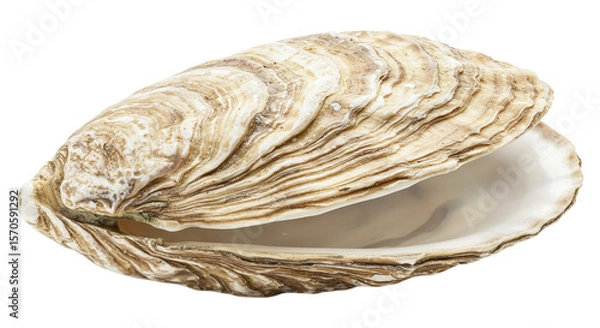 Obraz Open Oyster Shell: A detailed close-up of an open oyster shell, showcasing its intricate textures and pearlescent inner surface.  The shell is slightly ajar, revealing the smooth interior.