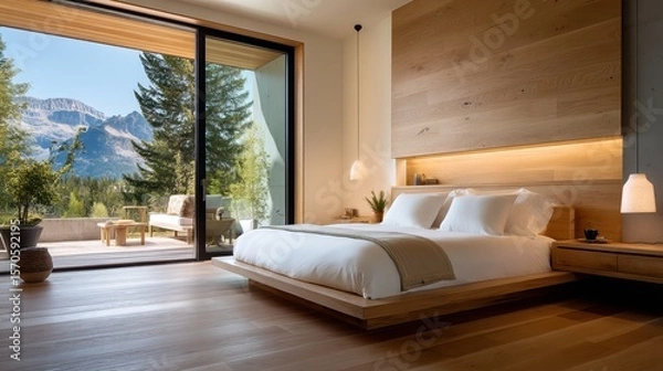 Fototapeta A modern bedroom with a large bed, wooden flooring, and a sliding glass door opening to a balcony with mountain views and outdoor seating.