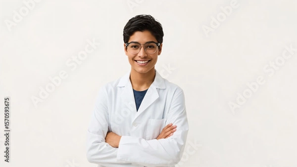 Obraz Scientist in Lab Coat with Crossed Arms and Smile on White Background