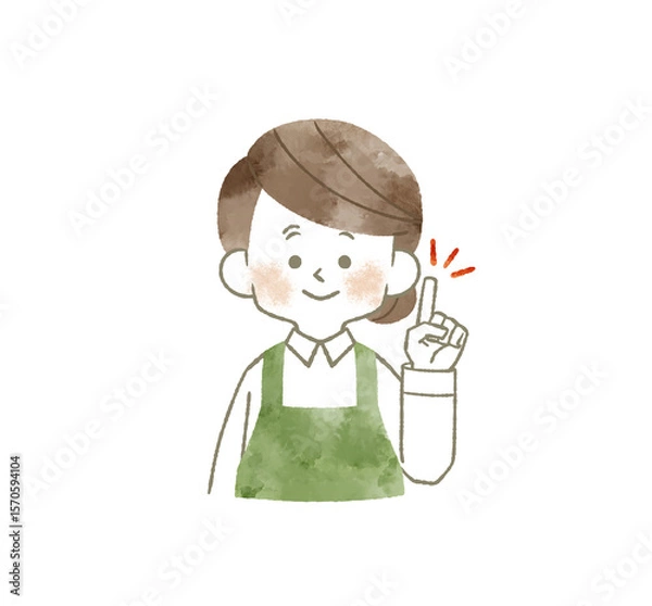 Obraz 人差し指を立てているエプロンを着用した女性-水彩