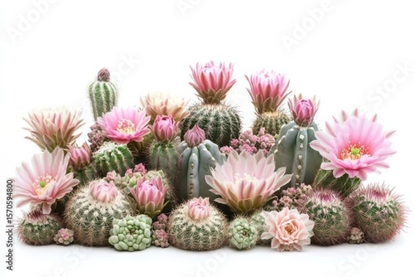 Obraz Blooming Cactus Garden Pink Flowers Desert Plants Floral Display Spring Time 80 on white background. Generative AI