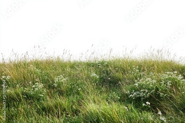 Obraz Meadow Grassland Green field landscape in summer with wildflowers white on white background. Generative AI