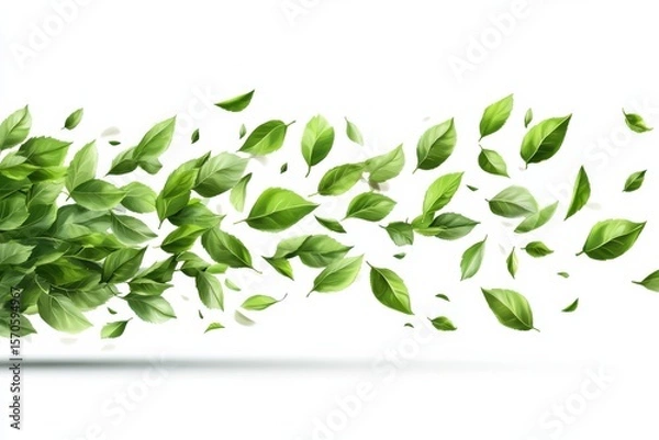 Obraz Gentle Green Leaves Swirling Nature s Dance Fresh Growth Spring Serenity Beauty on white background. Generative AI