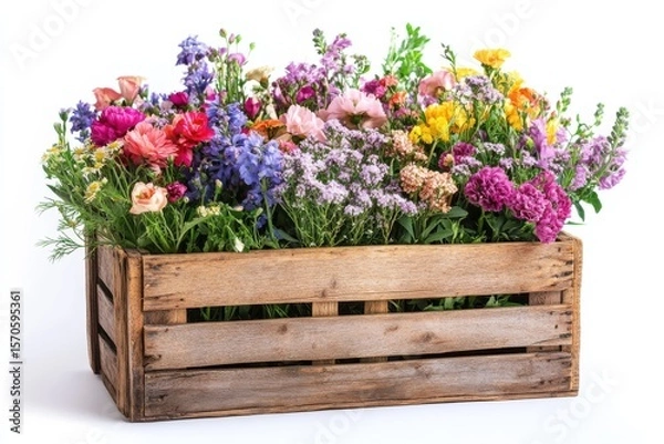 Obraz Charming colorful wildflowers blooming abundantly in weathered wooden crate on white background. Generative AI