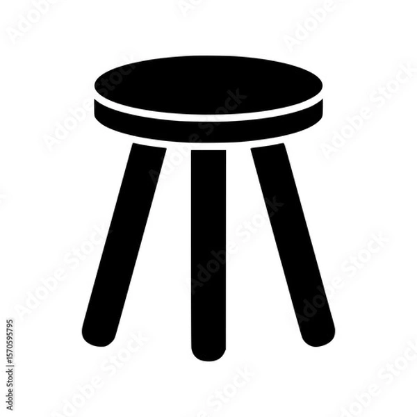 Fototapeta Simple black graphic of a wooden stool with three legs and circular seat in silhouette style