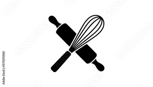 Fototapeta Graphic illustration of baking tools with crossed rolling pin and whisk in black silhouette style