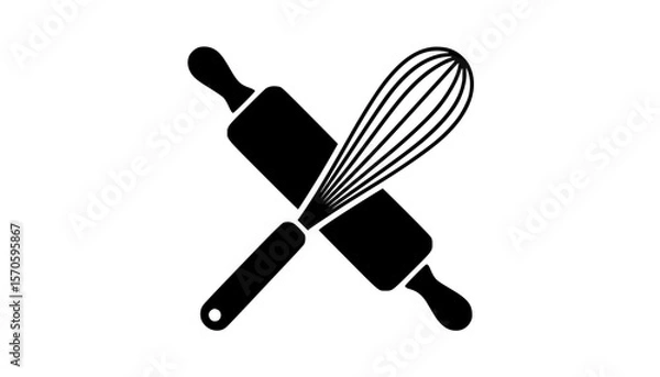 Fototapeta Graphic illustration of baking tools with crossed rolling pin and whisk in black silhouette style