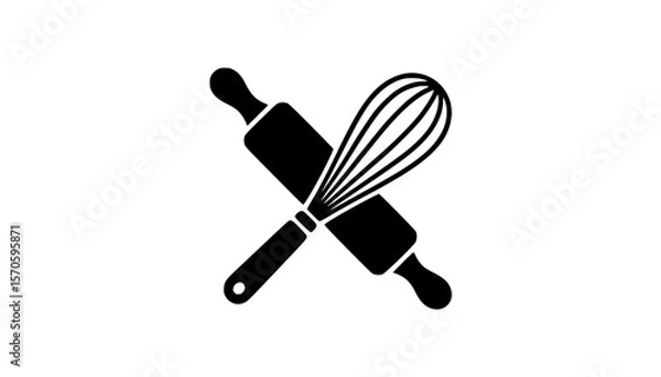 Fototapeta Black silhouette of crossed rolling pin and whisk