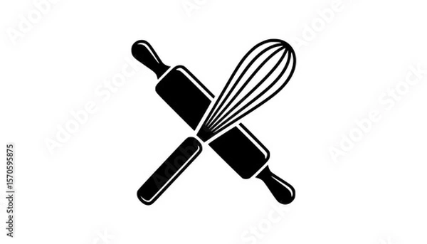 Fototapeta Graphic illustration of baking tools with crossed rolling pin and whisk in black silhouette style