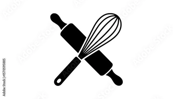 Fototapeta Simple black silhouette of crossed whisk and rolling pin