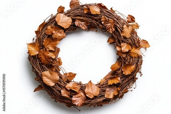 Obraz Autumnal Wreath Elegance Rustic Twig and Bronze Leaf Decoration for Fall Season on white background. Generative AI