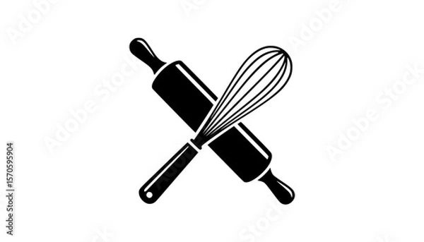 Fototapeta Black silhouette of crossed rolling pin and whisk