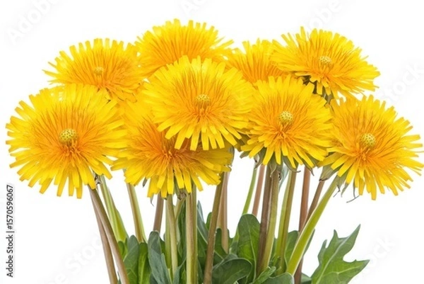Obraz Bright Yellow Dandelion Blooms Beauty Nature Spring Freshness Wildflowers Flora on white background. Generative AI