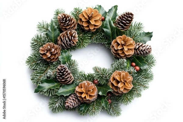 Obraz Christmas Wreath Celebration Pine Cones Holly and Winter Festive Traditions on white background. Generative AI