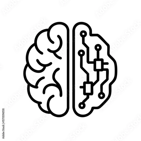 Fototapeta Minimalist black and white illustration of a brain divided into two halves: one organic, one made of circuitry, representing artificial intelligence and human cognition.