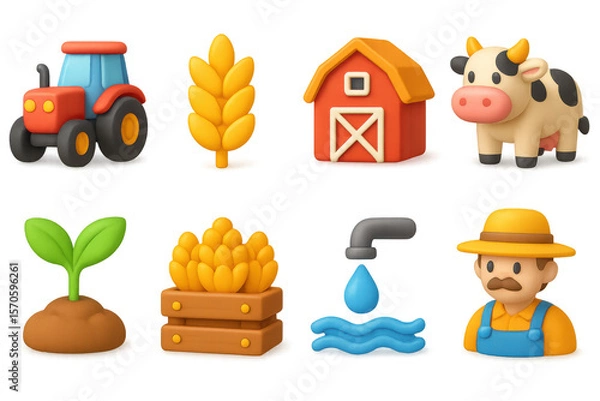 Fototapeta Colorful 3d farming icons illustration for agricultural design projects
