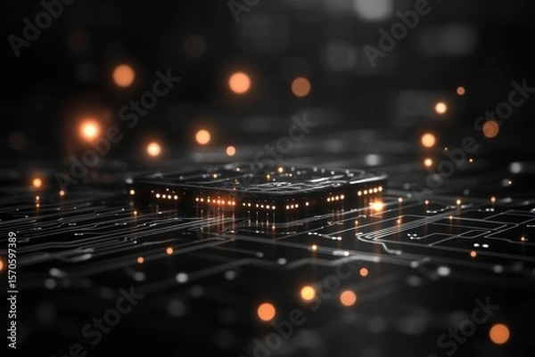 Obraz A minimalistic representation of an abstract technology environment features glowing circuits and patterns creating a sense of depth and innovation.