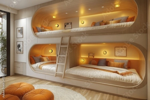 Obraz Unique villa kids room design with two beds featuring a ladder and cozy lighting for a charming girl's bedroom