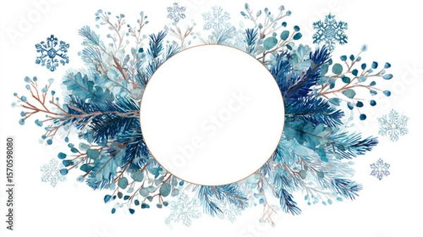 Obraz Cold winter-themed round frame of watercolor pine and snowflakes