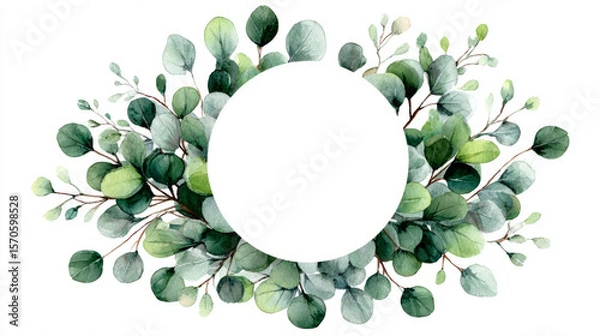 Obraz Delicate round frame of watercolor eucalyptus leaves with soft center space, isolated on white