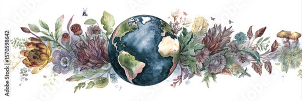 Obraz Earth in watercolor surrounded by native flora from different regions