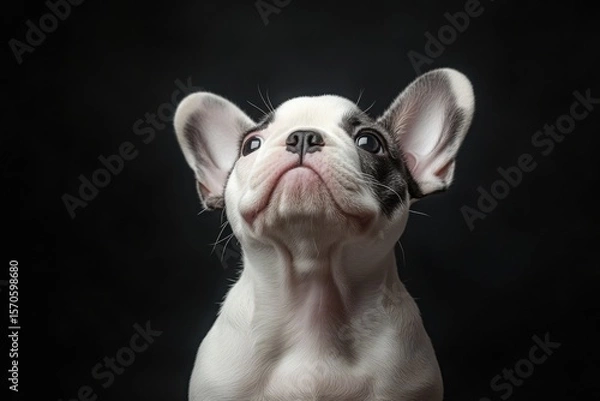 Obraz Cute French Bulldog puppy with a playful expression, sitting on a table beneath soft lighting against a black background