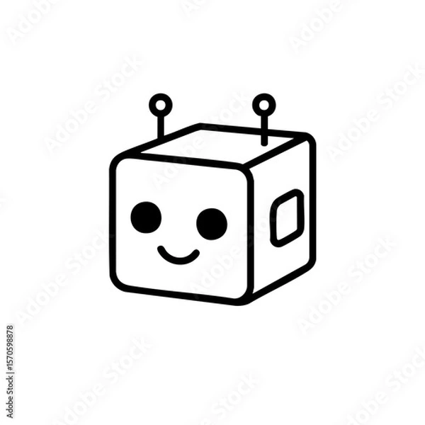 Fototapeta Minimalist cube-shaped robot with eyes and antennas, representing a friendly AI assistant or home smart device.