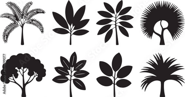 Fototapeta Collection of diverse tree and leaf silhouettes isolated on white background silhouette