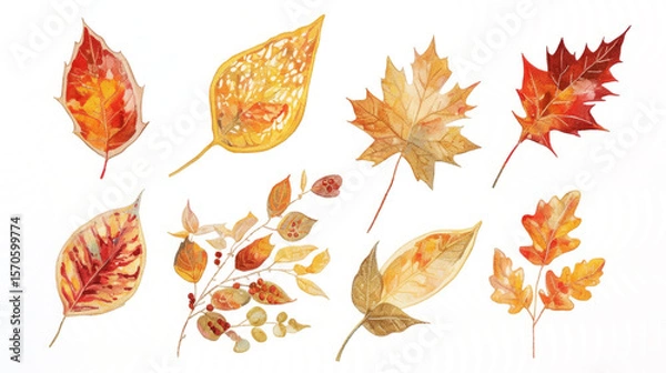 Obraz Autumn leaves in warm colors, arranged on a white background.