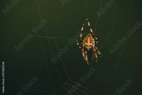 Fototapeta A close-up of a brown spider on its intricate web. 