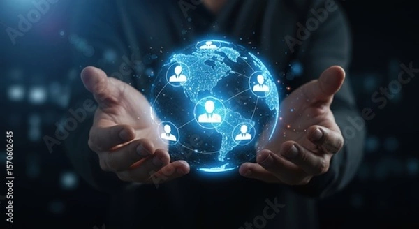 Fototapeta Hands cradling a glowing digital globe connecting people worldwide with a network of user icons and shimmering lights